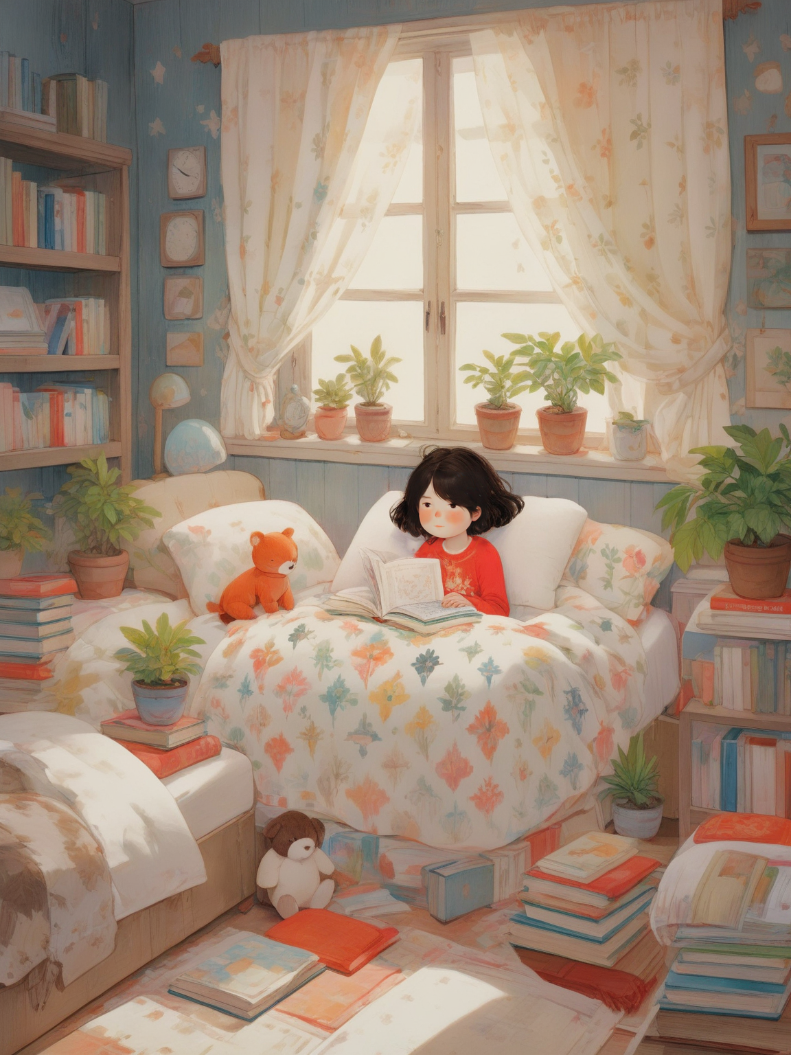 01026-3387124506-_lora_chatu0516_0.7_,illustrations,1girl,book,solo,plant,curtains,window,pillow,open book,book stack,clock,potted plant,bed,indo.png